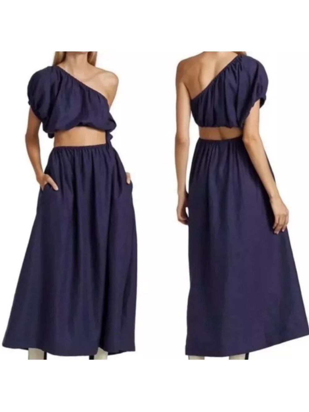 NEW FARM Rio One Shoulder Dress Cutout Midi Dress Indigo Navy Blue
